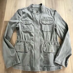 Ann Taylor‎ LOFT Women Medium Gray Utility Jacket Pockets Full Zip Cinched LS